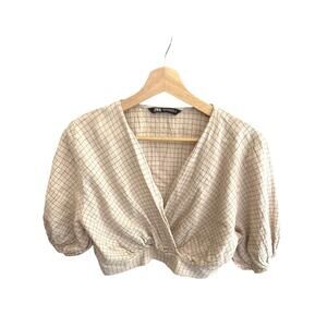 Zara Womens Plaid Gauze Cropped Top Sz M Puff Sleeve Cottagecore Peasant Boho
